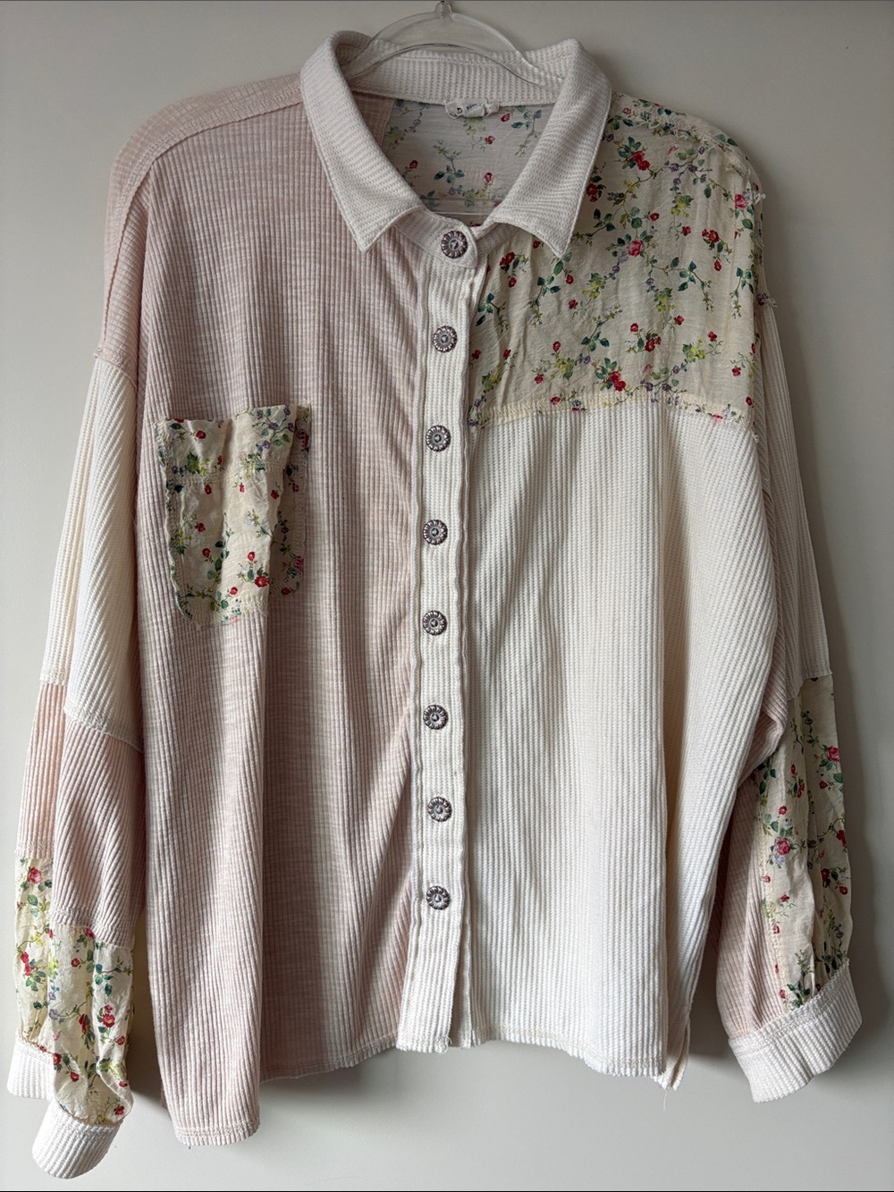POL cream floral top with pink and green blossom accents